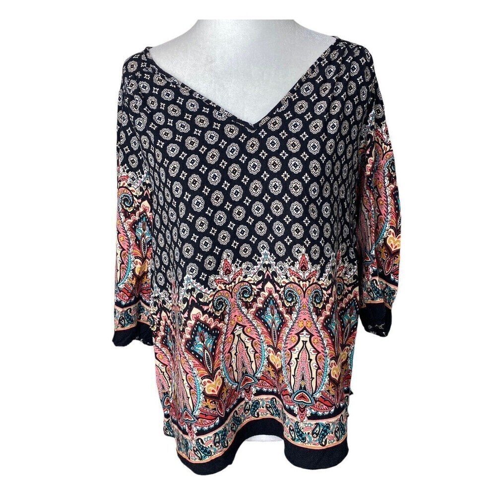 Renee C Blouse Womens Multicolor Medium 3/4 Sleeve Lightweight Casual V-neck